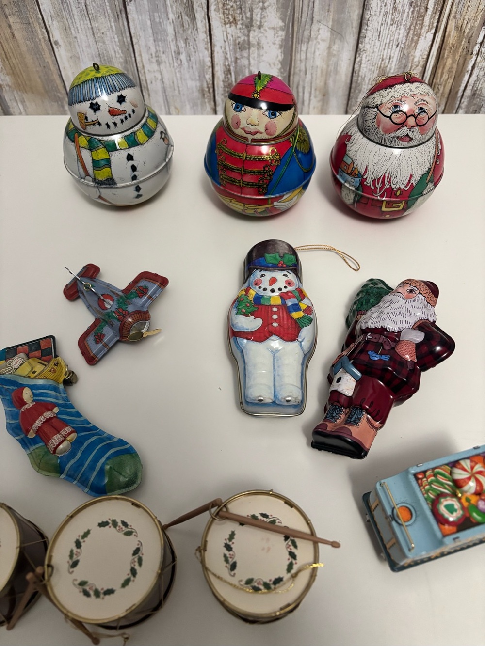 13 Holiday Christmas Tin Hallmark Santa snowman Ornaments Assortment -
